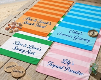 Personalisiertes Strandtuch, Benutzerdefinierter Name Sommertuch, Gestreiftes Pooltuch Geschenk, Familienurlaub Strandzubehör Dekor Geschenk