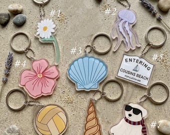 Strand Acryl Schlüsselbund, Sommer Küsten Schlüsselring, Qualle Muschel Blumen Charme, Beachvolleyball Ozean Schlüsselbund, niedliches Urlaubs Geschenk