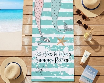 Personalisierte Meerjungfrau Strandtuch, Benutzerdefinierte Name Sommer Handtuch, Küsten Pool Handtuch Geschenk, Ocean Lover Urlaub Strand Accessoires Dekor