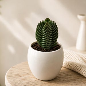 Può includere: Una pianta succulenta Crassula Buddha's Temple con foglie geometriche verde scuro impilate in un vaso di ceramica bianco, liscio e rotondo. La pianta presenta una struttura simmetrica a torre con fogliame denso che emerge dal terriccio scuro.