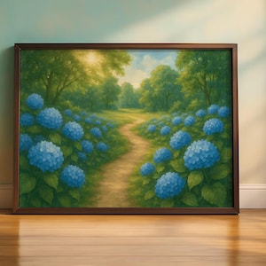 May include: A framed landscape painting depicts a path winding through a garden of blue hydrangeas. The artwork features a sunny sky, lush green trees, and a pathway leading into the distance. The frame is a dark brown color.