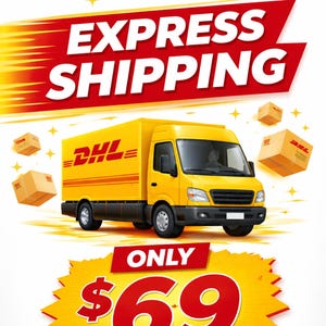 May include: Yellow DHL delivery truck with the text "EXPRESS SHIPPING" in red. The image includes floating boxes and the DHL logo. The text "ONLY $69" is displayed on a yellow and red burst.