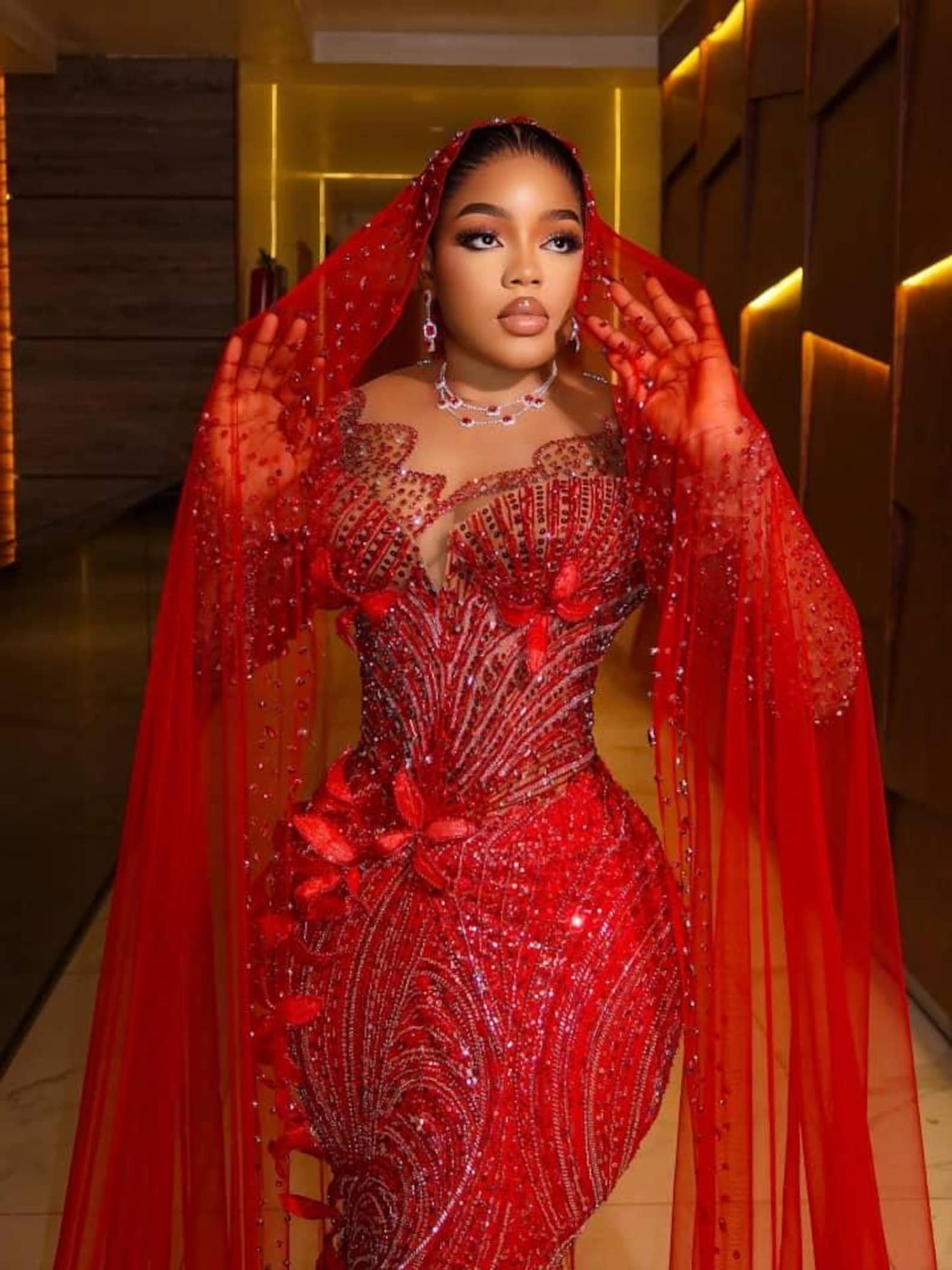 Red Handmade Beaded Corset Mermaid Gown: Custom Bridal Prom Dress ...