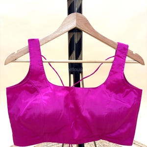 Fuchsia Pink Seide Saree Bluse, Ärmellos U-Neck, Krawatte am Rücken