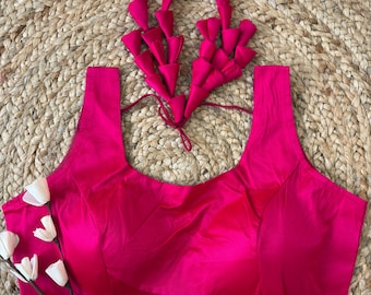 Silk Readymade Saree Blouse, Sleeveless, Princess Cut, Round Neck, Heavy Tassels, Back Hook & Eye