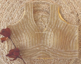 Pearl Golden Saree Blouse: Indian Wedding Party Wear, Sleeveless, Back Hook, Tassels