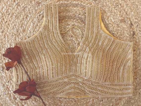 Pearl Golden Saree Blouse: Indian Wedding Party Wear, Sleeveless, Back Hook, Tassels
