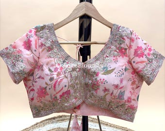 Pink Floral Sequin Georgette Saree Blouse, Party Wedding Wear