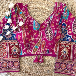 Designer Sequins Indian Saree Blouse, Heavy Chinnon Silk Embroidered, 3/4th Sleeve, Back Hook, Tassels
