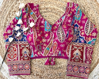 Designer Sequins Indian Saree Blouse, Heavy Chinnon Silk Embroidered, 3/4th Sleeve, Back Hook, Tassels