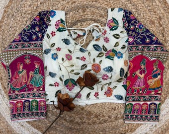 Designer Wedding Silk Saree Blouse, Heavy Sequins Embroidered, 3/4th Sleeve, Back Hook, Tassels