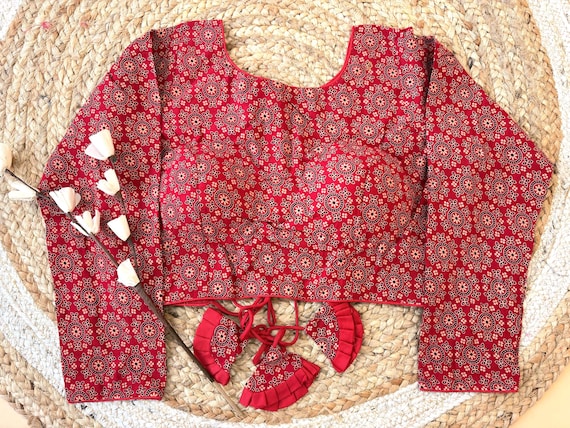 Ajrakh Print Readymade Saree Blouse, Long Sleeve, Back Hook, Round Neck, Breathable Lining