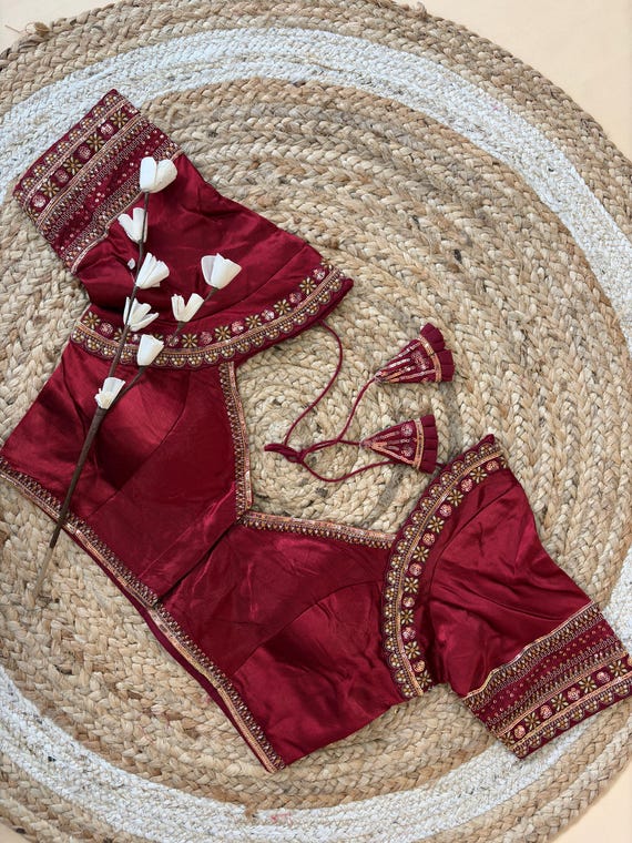 Embroidered Silk Saree Blouse: Sweetheart Neck Indian Wedding Top