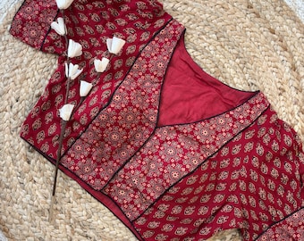 Ajrakh Print Cotton Saree Blouse, Short Puff Sleeve, Front Hook, V - Neck, Breathable Lining