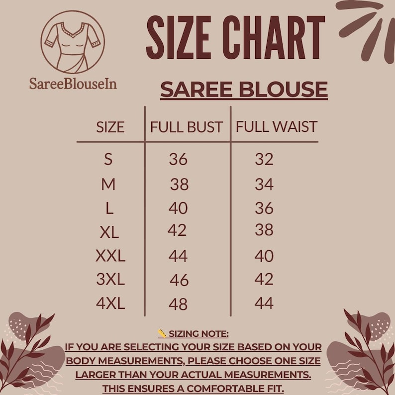 May include: A size chart for saree blouses, featuring measurements for full bust and full waist in inches. Sizes range from S to 4XL. Includes a sizing note advising to choose a size larger than actual measurements for a comfortable fit. The chart is on a beige background.