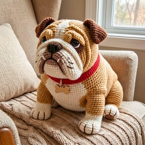 Puede incluir: Un perro bulldog tejido a ganchillo en tonos marrón, beige y blanco. Lleva un collar rojo con una etiqueta en forma de hueso. El perro está sentado en una silla, sobre una manta estampada.