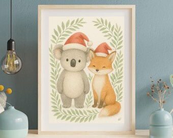 Koala and Fox Christmas Print – Winter Nursery Art (Digital Download)