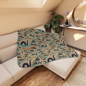 Loch Ness Monster Tan Sherpa Blanket, Scottish Tartan, Scotland Plaid, Highland Lake Themed Warm Throw Coverlet