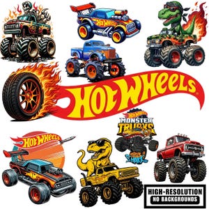 May include: A collection of Hot Wheels Monster Trucks illustrations. The images feature various monster trucks with unique designs, including a skeleton driver, a dinosaur, and a shark. The Hot Wheels logo is prominently displayed.