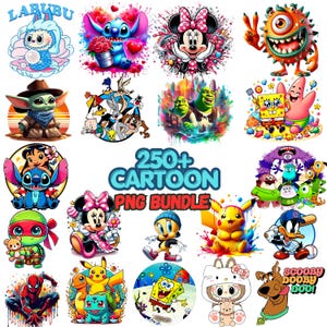 May include: A vibrant collection of cartoon character PNG images, featuring characters like Stitch, Minnie Mouse, and Spongebob. The image also includes the text "250+ Cartoon PNG Bundle".