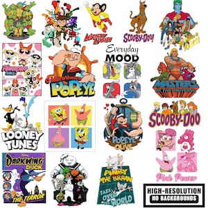 May include: A selection of cartoon character designs, such as the Powerpuff Girls, Popeye, Scooby-Doo, and Looney Tunes. The image includes various graphics with text like "Everyday Mood" and "Pink Power". The phrase "High-Resolution No Backgrounds" is also present.