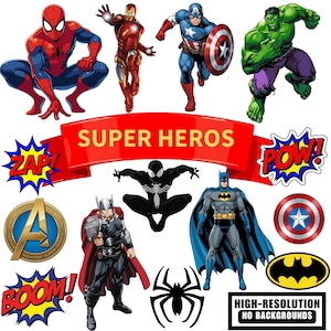 Può includere: Illustrazioni di supereroi, tra cui Spider-Man, Iron Man, Capitan America, Hulk, Thor e Batman. L'immagine presenta elementi in stile fumetto come il testo "ZAP!" e "POW!", insieme a uno striscione rosso con la scritta "SUPER HEROES".