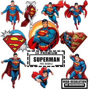 Könnte beinhalten: Eine Sammlung von Superman-PNG-Bildern. Die Bilder zeigen Superman in verschiedenen Actionposen, in seinem ikonischen blauen Anzug, rotem Umhang und dem 'S'-Emblem. Der Text "10 PREMIUM SUPERMAN PNG BUNDLE" ist ebenfalls sichtbar.