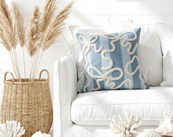 Blue Bow Punch Needle Pillow Tufted Cushion Cover Striped Coquette Coastal Baby Boy Nursery
