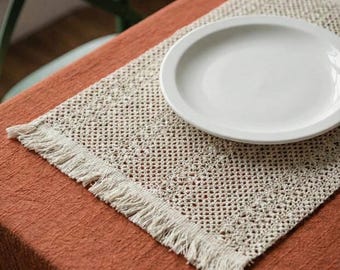 Juego de 4 manteles individuales tejidos de macramé y ganchillo, de yute tejido a mano, estilo bohemio, para tocador y bufanda.