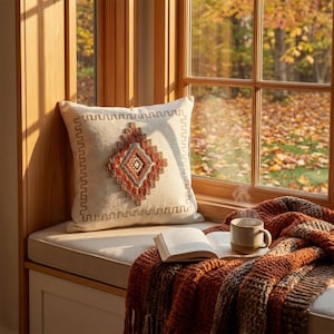 Può includere: Una scena accogliente sul davanzale presenta un cuscino color crema con un motivo geometrico ricamato nei toni dell'arancione e del marrone. Una calda coperta, un libro aperto e una tazza di caffè completano l'invitante ambientazione autunnale. La finestra si affaccia su un paesaggio autunnale.