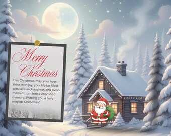 Santa Winter Cabin Printable | Holiday Greeting Download | Snowy Woodland Art
