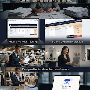 May include: Image promoting "The Rota Kit" smart scheduling software. Features include automated hour tracking and built-in overtime protection. The image shows a laptop displaying the software, along with business owners using tablets and laptops.