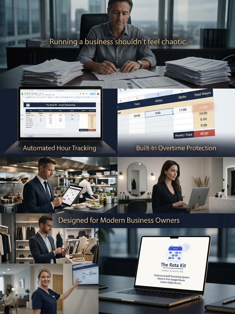 May include: Image promoting "The Rota Kit" smart scheduling software. Features include automated hour tracking and built-in overtime protection. The image shows a laptop displaying the software, along with business owners using tablets and laptops.