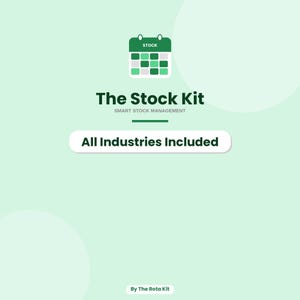 Pode incluir: Gráfico verde claro com o texto "The Stock Kit" e "Smart Stock Management". Um ícone de calendário com a palavra "Stock" no topo. O texto "All Industries Included" está em um retângulo branco arredondado.