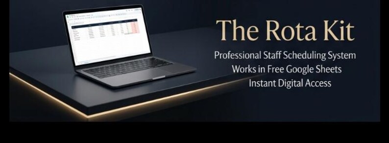 May include: A laptop showing a spreadsheet is on a dark surface. The text "The Rota Kit" is above the words "Professional Staff Scheduling System, Works in Free Google Sheets, Instant Digital Access."