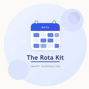 May include: A digital graphic featuring a blue and white calendar icon with the word "ROTA" at the top. Below the calendar is the text "The Rota Kit" with the tagline "SMART SCHEDULING" underneath, all set against a light blue background.