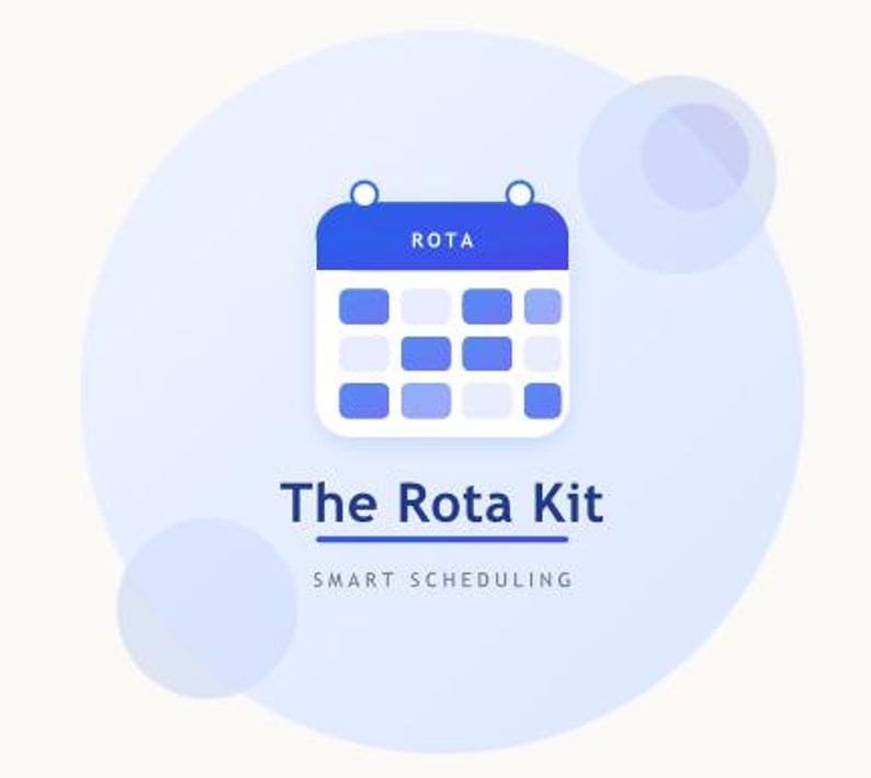 May include: A digital graphic featuring a blue and white calendar icon with the word "ROTA" at the top. Below the calendar is the text "The Rota Kit" with the tagline "SMART SCHEDULING" underneath, all set against a light blue background.