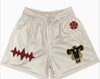 Custom shorts, embroidered mesh shorts - beige street style shorts adorned with floral and patterned patches, men's casual athletic shorts.