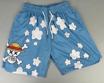 Anime Streetwear Blue Casual Shorts, One Piece Luffy Cloud Mesh Shorts,Summer Breathable Custom Shorts for Men and Women