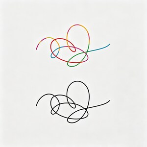 May include: Two abstract heart-shaped designs on a white background. The top design is a colorful rainbow of lines, while the bottom design is a solid black line. The lines intertwine to form a heart shape.