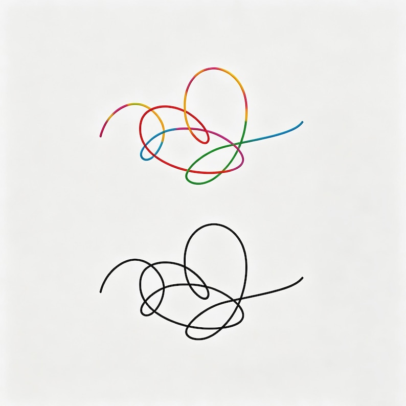 May include: Two abstract heart-shaped designs on a white background. The top design is a colorful rainbow of lines, while the bottom design is a solid black line. The lines intertwine to form a heart shape.