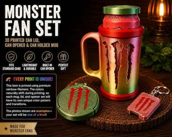 3D Printed Monster Fan Can Holder Mug Set, Lid, Keychain Opener