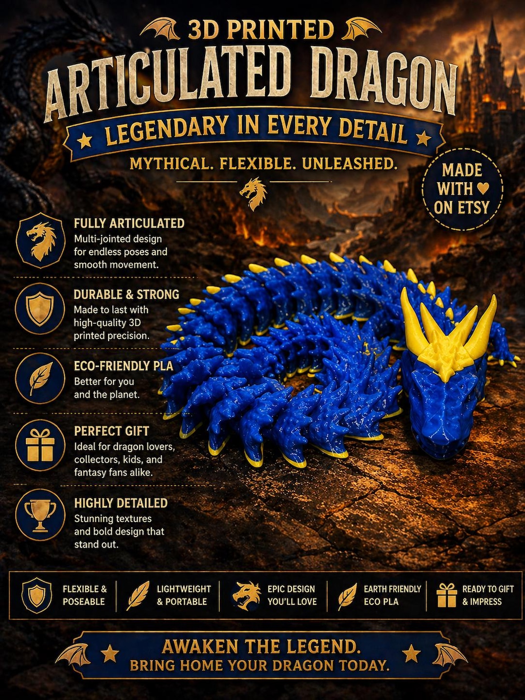 Articulated 3D Printed Dragons | Flexi Dragon Fidget Toy | Fantasy Desk ...