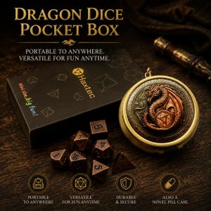 May include: A bronze dragon dice pocket box with a matching set of dice. The box is round with a dragon relief design. The text on the box reads "DRAGON DICE POCKET BOX" and "Mini size, big fun!"