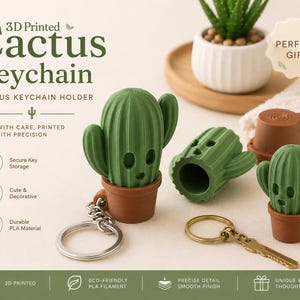 May include: A 3D-printed green cactus keychain holder with a brown pot. The keychain has a smiling face and is designed to hold keys. The image also shows a key and a small plant in a white pot.
