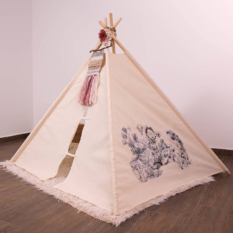 Original Unique Illustrated Canvas Teepee Children Play Tent Tipi Handmade Unbleached Organic Kids Teepee Tent Organic Toy Wigwam