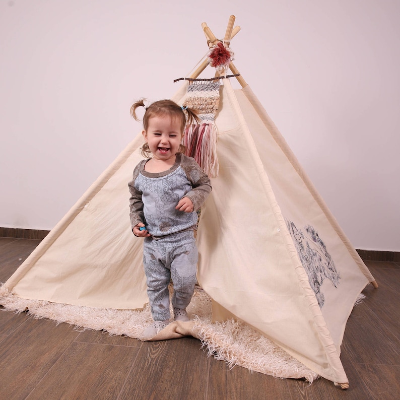 Original Unique Illustrated Canvas Teepee Children Play Tent Tipi Handmade Unbleached Organic Kids Teepee Tent Organic Toy Wigwam