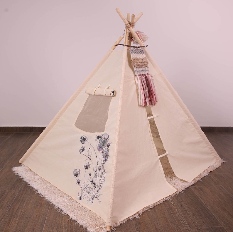 Original Unique Illustrated Canvas Teepee Children Play Tent Tipi Handmade Unbleached Organic Kids Teepee Tent Organic Toy Wigwam