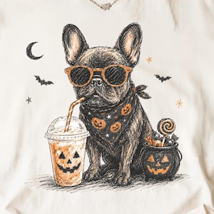 Puede incluir: Una camiseta de manga corta color hueso con un gráfico de un bulldog francés con gafas de sol naranjas y un pañuelo con estampado de calabazas. El perro bebe de un vaso con forma de calabaza junto a un caldero lleno de dulces.