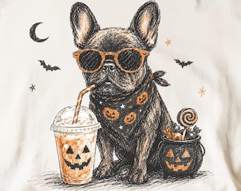 French Bulldog Halloween PNG, Frenchie Pumpkin Drink Digital Download, Spooky Cute Dog Sublimation File, Fall Pet Lover Art